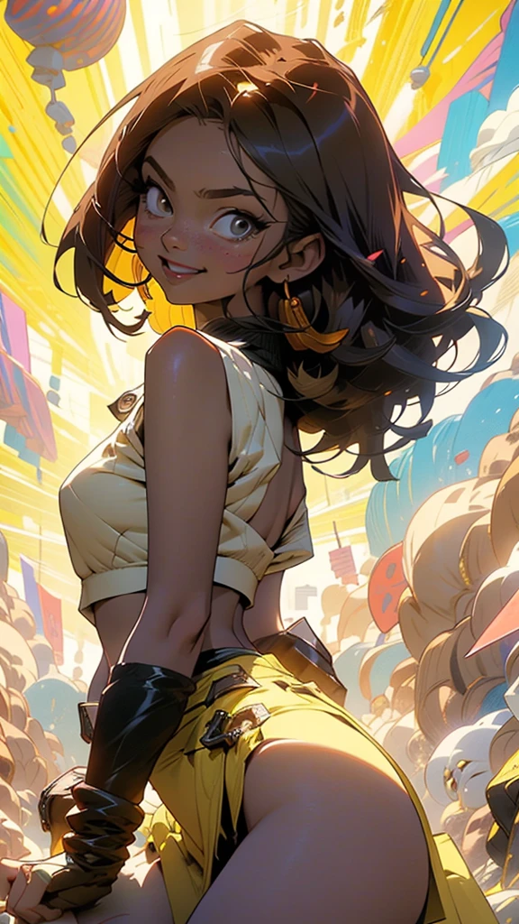 Anime style illustration of a female character with black and brown hair.., smiling on a yellow background. The artwork features bright colors..,  Sharp focus with high resolution and high level of detail. It has a perfect composition in anime art style with Japanese manga art style... The rendering is of the best quality in the style of Akira Toriyama and Nyo... --AR 21:32