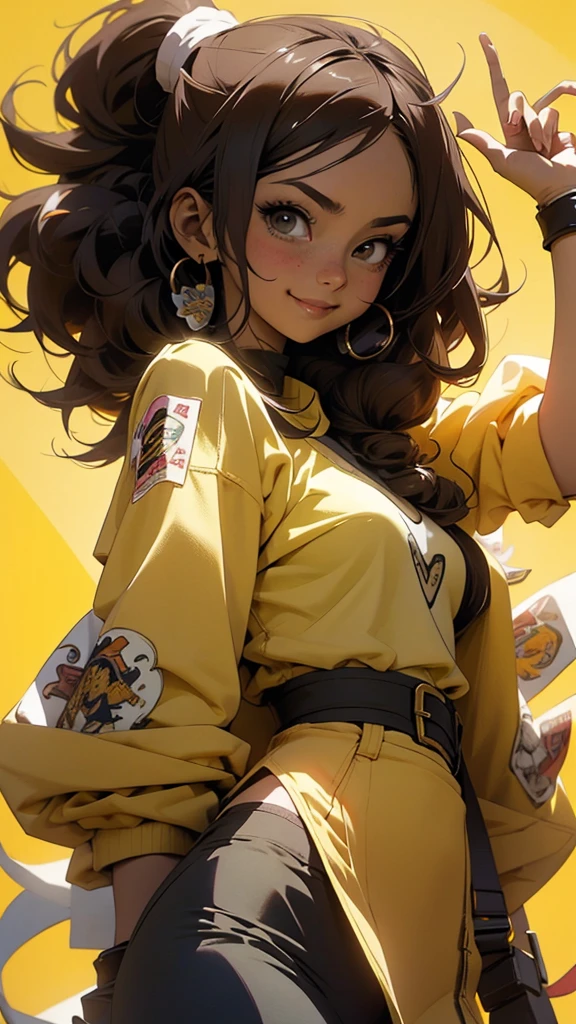 Anime style illustration of a female character with black and brown hair.., smiling on a yellow background. The artwork features bright colors..,  Sharp focus with high resolution and high level of detail. It has a perfect composition in anime art style with Japanese manga art style... The rendering is of the best quality in the style of Akira Toriyama and Nyo... --AR 21:32