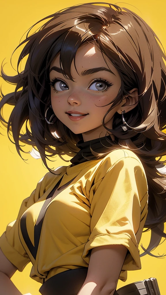 Anime style illustration of a female character with black and brown hair.., smiling on a yellow background. The artwork features bright colors..,  Sharp focus with high resolution and high level of detail. It has a perfect composition in anime art style with Japanese manga art style... The rendering is of the best quality in the style of Akira Toriyama and Nyo... --AR 21:32