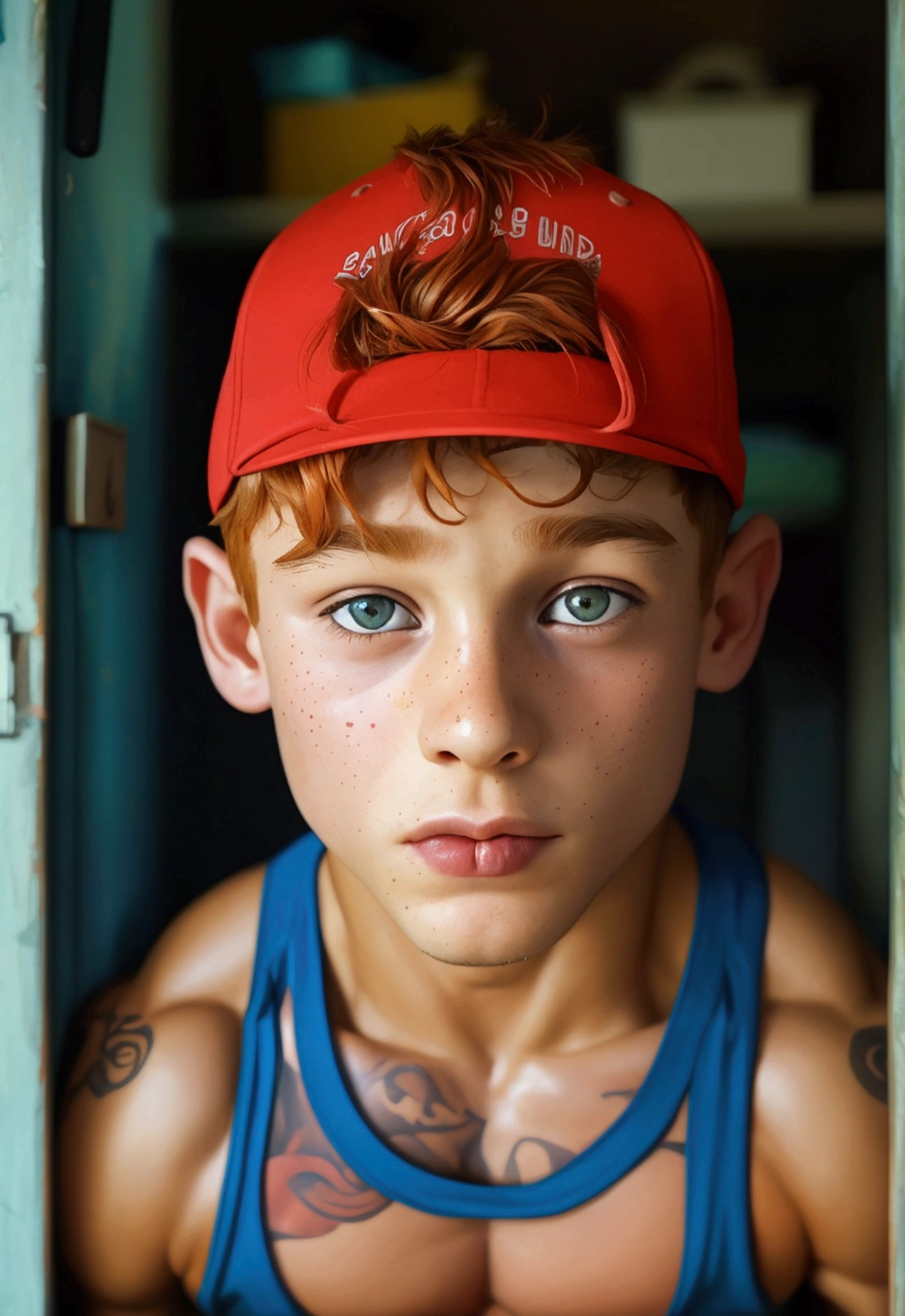 A photo of a super dumb young 10 years old male teenager bodybuilder, Innocent face, idiot expression super muscular, redhead, handsome, dumb face, in a closet, roided giant muscles students watching full school yard wearing a super tight CMYK scale shirt giant ever muscles sucking erect cock penis pale tattooed baseball cap armpits 1980's styles orgy aroused sensual
