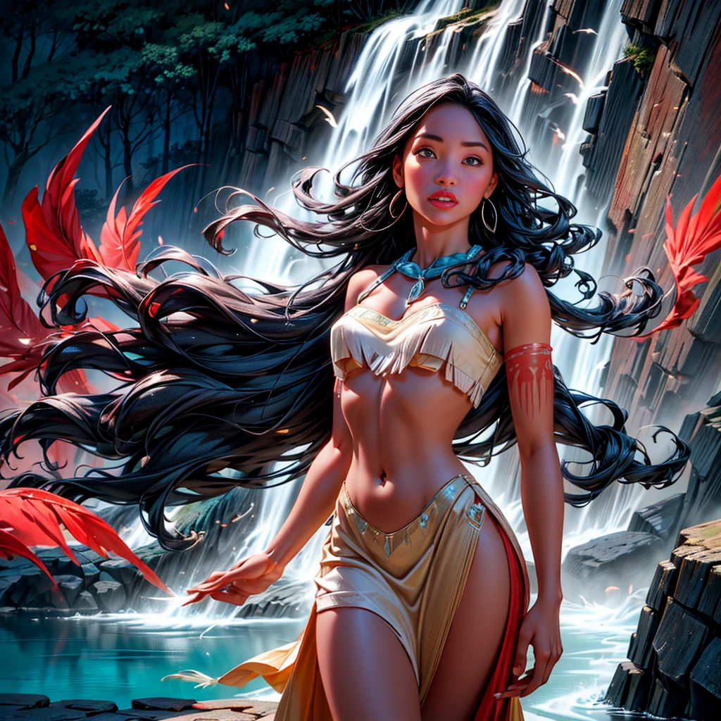 A girl in a natural landscape,beautiful detailed eyes,beautiful detailed lips,extremely detailed eyes and face,longeyelashes,3D rendered medium,traditional painting techniques,warm and vibrant colors,soft lighting,forest background,flowing rivers and waterfalls,feathers and Native American inspired clothing,captivating and confident look,peaceful and fearless spirit,highres,true-to-life representation,historical portrayal,enchanting atmosphere,authentic Native American tribe culture,spirited and graceful movement,harmonious connection with nature.