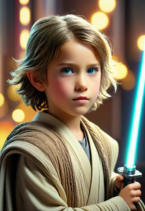 a young jedi padawan, 6 years old, detailed portrait, beautiful detailed eyes, beautiful detailed lips, extremely detailed face,...