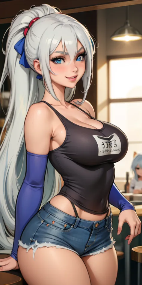 anime girl, blue eyes, silver hair, muy voluptuosa, teen, big breast, shy smile, wallpaper, beautiful tank top, long sleeves, be...