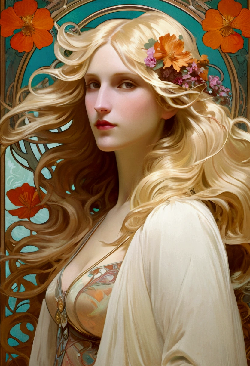 European woman portrait, waist, Long flowing hair, Blonde, Soft and blurry oil painting feel, Model imposing flower frame, decorative panel, abstract, directed by: Alphonse Mucha (main part, extremely high quality, High resolution: 1.4), detailed, intricate details, 4K, splash of color, Line art, Fibonacci, Wear underwear