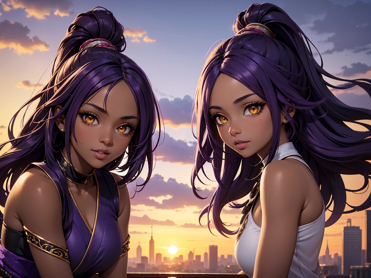 high on details, high resolution, Natural strokes and colors, natural lighting, face detailed, detailed hair, eye detailed, detailed nose, detailed lips. full body view, a dark-skinned and beautiful woman: wearing a purple outfit, city with sunset, with long and tied purple hair, yellow  eyes, e com um sorriso yoruichi shihouin.