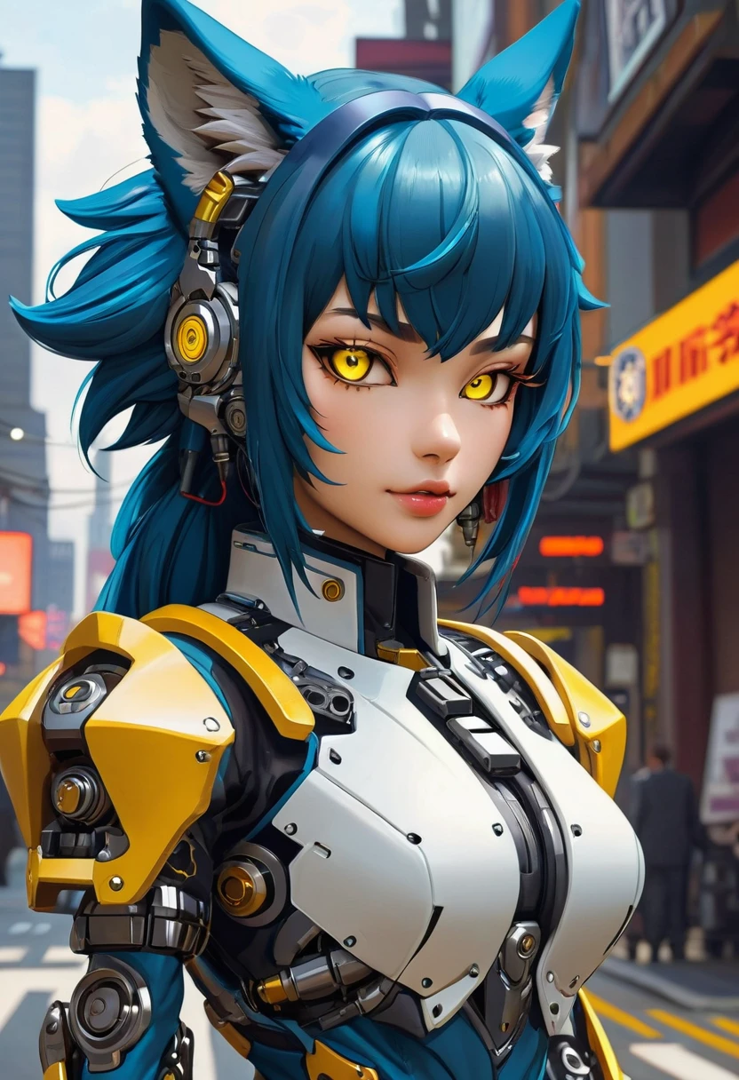 a portrait of a mechanical creature (( mechanical female, anthro wolf: 1.5), ((full body: 1.5)), ((anatomically correct: 1.5)), (ultra detailed face: 1.2), yellow eyes. dynamic fur color, glowing eyes, wearing mech armor, delicate armor, wearing high heeled boots, cyberpunk street background, vibrant, Ultra-high resolution, High Contrast, (masterpiece:1.5), highest quality, Best aesthetics), best details, best quality, highres, 16k, (ultra detailed: 1.5), masterpiece, best quality, (extremely detailed) RAW, (ultra details, Masterpiece, best quality),MechanicusStyleAI, Hyperrealism style, anime