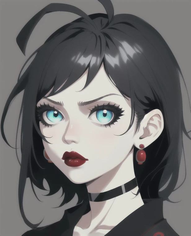 goth girl woman, pale skin, red lips,  japanese bang, high quality, blue eyes, simple background, dark background, serious look,  black clothes, choker, detailed face, detailed eyes, gray hair, eyelashes, earrings, portrait,  