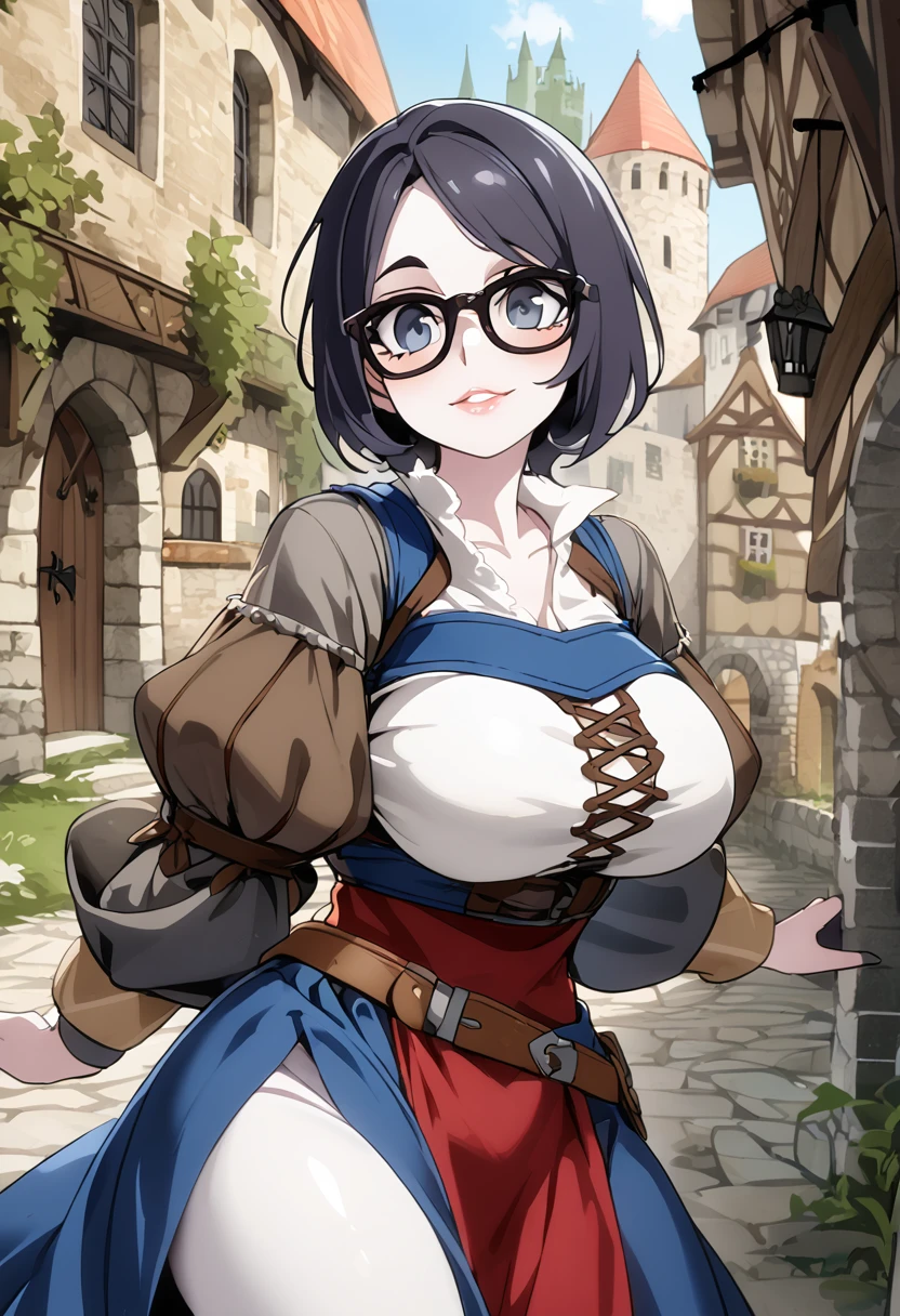 heavy busty, pale skin, corporative, short hair, glasses, medieval clothes,  medieval background