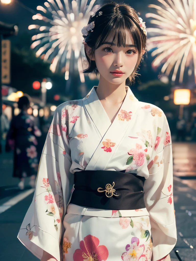 raw photo, 8k, (top-quality), Realistic, (real picture, Intricate details), (natural skin texture, detailed skin, hyper realism, sharpness), (pale skin:1.5), Japanese teenage girl walking with hands behind back in shopping street at night, (sexy floral yukata:1.5), slender body, (blonde short hair, blunt bangs), shy smile, night time, (fireworks:1.5)