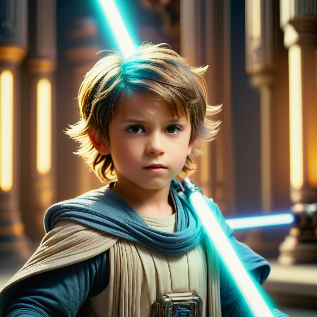 A young Jedi Padawan, 6 years old BOY,  dark blond very short Hair, deep browns eyes, calm but domintating cool face, detailed total perspective on the roof of the Jedi Temple, sunny day, beautiful detailed brown eyes, beautiful detailed lips, extremely detailed face, longeyelashes, holding a brigth blue lightsaber in one Hand and using the force fo lifting a heavy rock, action star wars scene, playful, joyful expression, colorful party decorations, 3D render, masterpiece, (best quality,4k,8k,highres,masterpiece:1.2),ultra-detailed,(realistic,photorealistic,photo-realistic:1.37),vibrant colors, dramatic lighting,cinematic composition,studio lighting, there is ONLY one ligth saber in the scene.