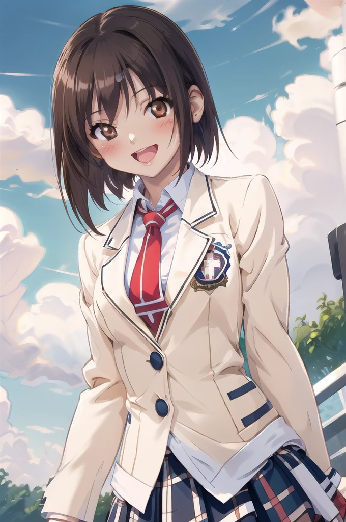 Makaijisuku 2, 1 girl, alone, Brown Hair, Brown eyes, , blazer, tie, Checked skirt, blush, Open your mouth, smile, garden, blue sky, cloud, Upper Body, Are standing, Dutch Angle 