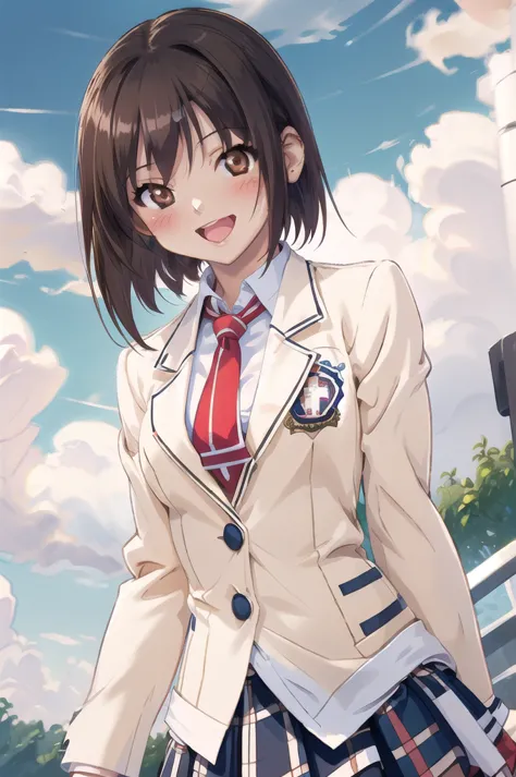 makaijisuku 2, 1 girl, alone, brown hair, brown eyes, , blazer, tie, checked skirt, blush, open your mouth, smile, garden, blue ...