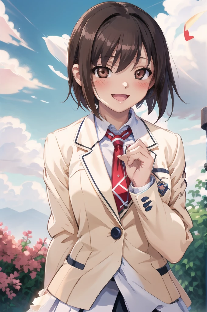 Makaijisuku 2, 1 girl, alone, Brown Hair, Brown eyes, , blazer, tie, Checked skirt, blush, Open your mouth, smile, garden, blue sky, cloud, Upper Body, Are standing, Dutch Angle 