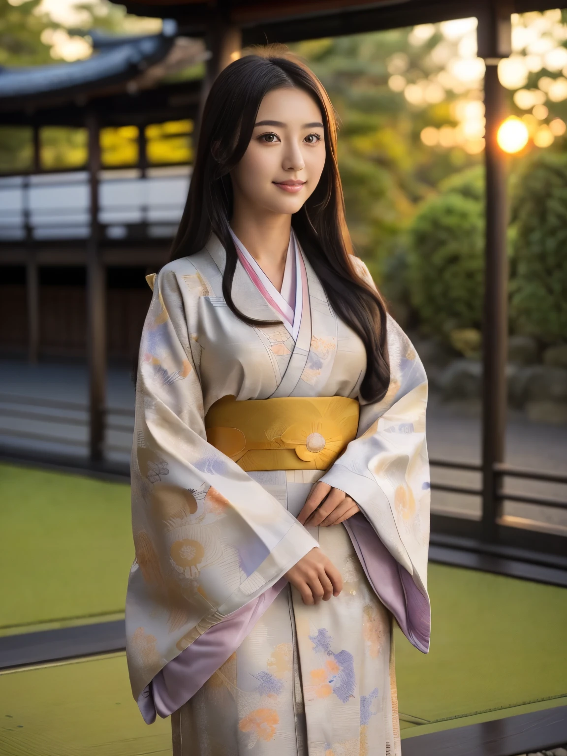 Front view , ((Full-body, standing on garden), a Japanese ancient girl, looking at viewer, beautiful Japanese Young General, girl is 20 years old, (Highly detailed face, Black hair ,Brown eye, Variegated eyes, Fuller lips, little Lips, little smile), (middle breasts, middle hip), (Japanese kimono, flower pattern), standing in Japanese Palace, near Garden, sunset ,(masterpiece, Highest quality, masterpiece, God-like quality, Godly art, , Very realistic)
