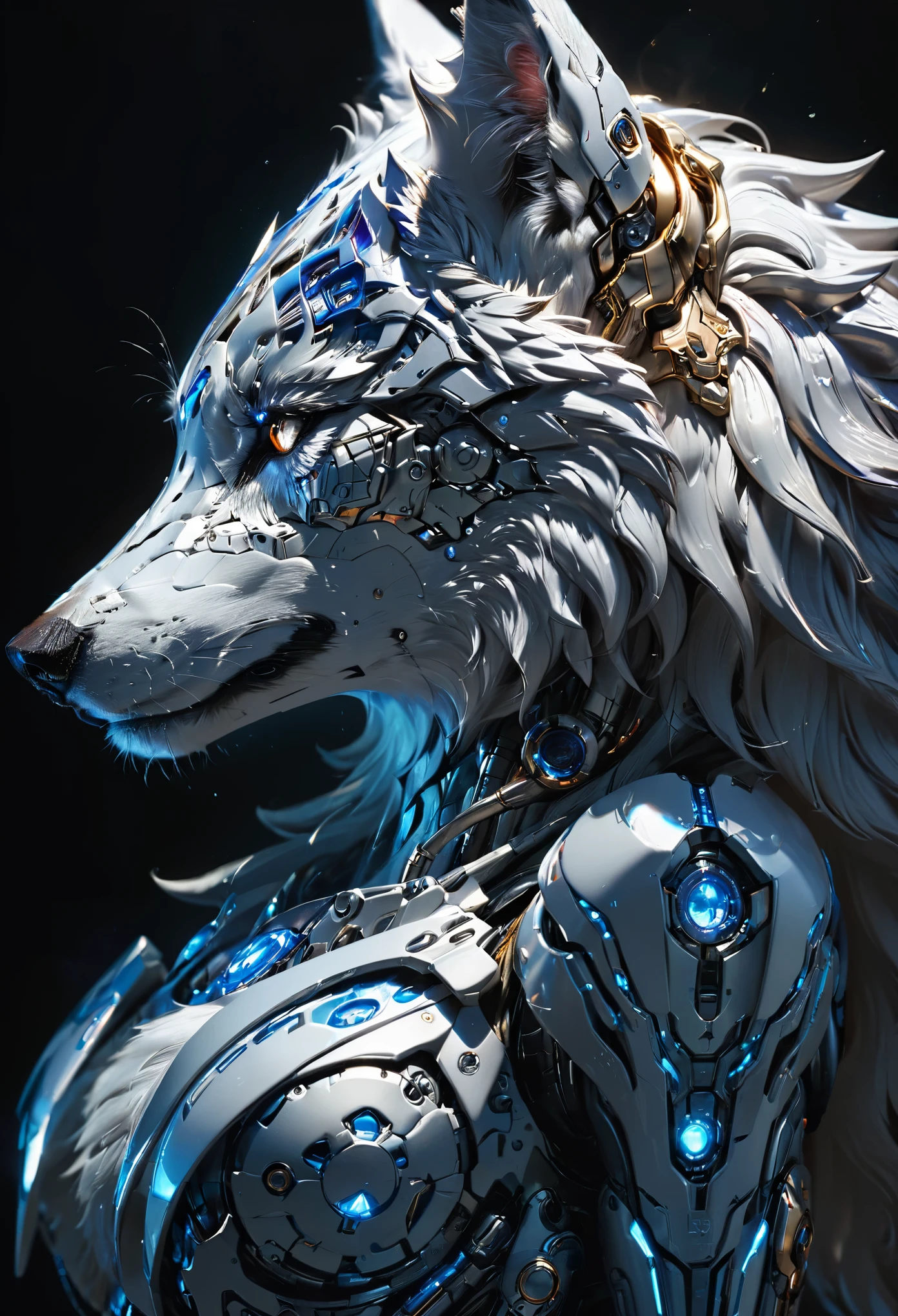 a portrait of a mechanical creature (( mechanical female, anthro wolf: 1.5), ((full body: 1.5)), ((anatomically correct: 1.5)), (ultra detailed face: 1.2), looking feral, looking dangerouse,  yellow eyes. dynamic fur color, glowing eyes, wearing mech armor, delicate armor, wearing high heeled boots, cyberpunk street background, vibrant, Ultra-high resolution, High Contrast, (masterpiece:1.5), highest quality, Best aesthetics), best details, best quality, highres, 16k, (ultra detailed: 1.5), masterpiece, best quality, (extremely detailed) RAW, (ultra details, Masterpiece, best quality),MechanicusStyleAI, Hyperrealism style, anime