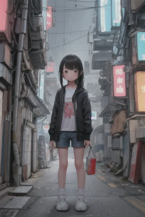 (very little girl), cute characters in everyday life, casual wear, cyberpunk world, masterpiece, highest quality, very detailed,...