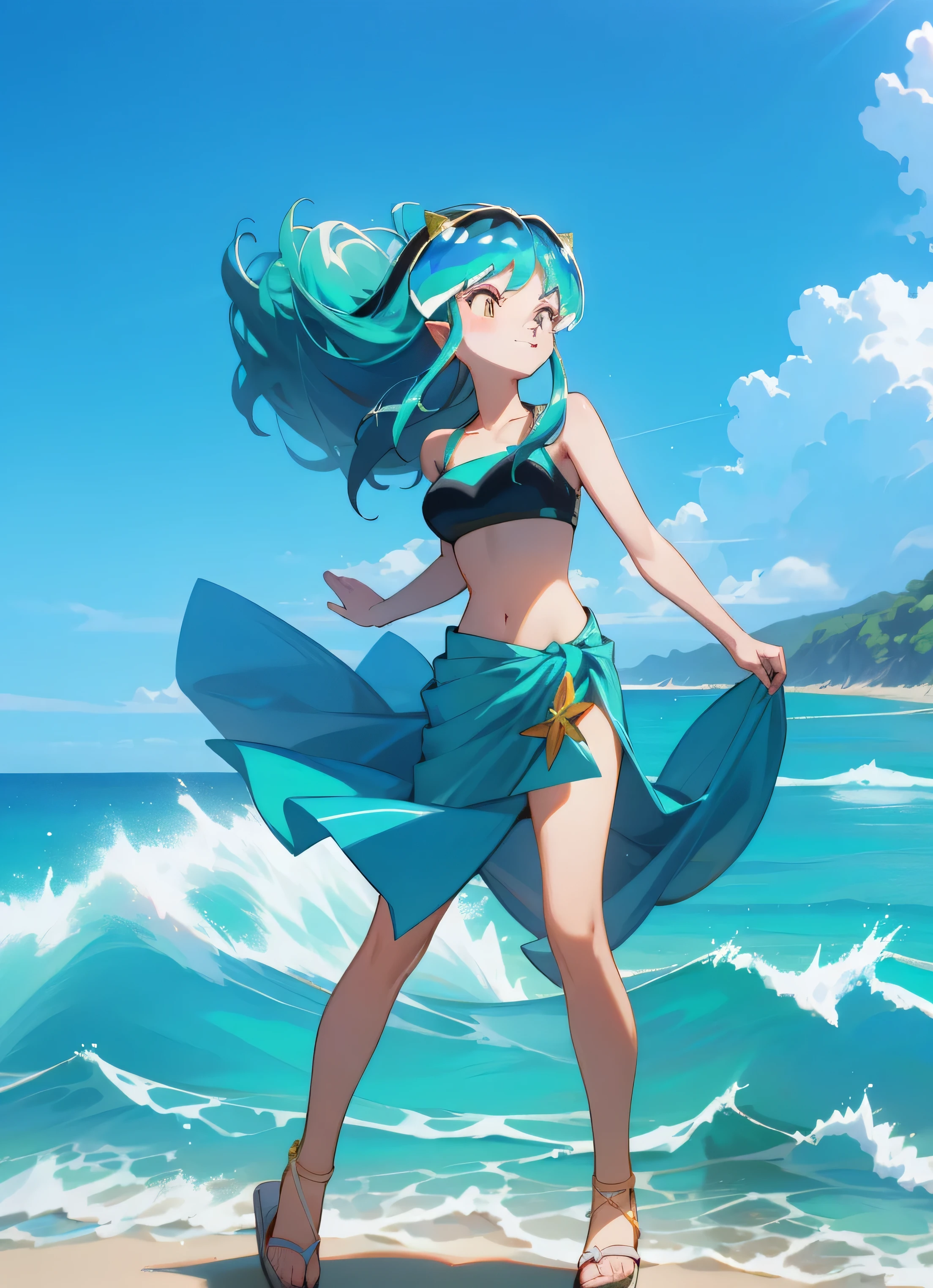 1girl, lum, horns, crop top, sarong, white sandals, smiling, sunny, blue sky, at the beach, ocean, waves, light wind, hair wind blown, absurdres, best_quality, masterpiece, 16k, uhd