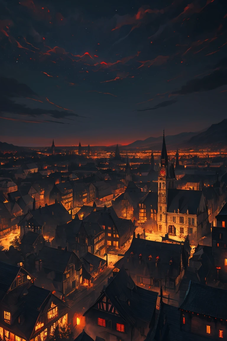 old European village shot with bird view, (Red glowing eyes), masterpiece, Depth of written boundary, Lutz, Gwaites style artwork, Gothic aesthetics, Dark Vampire village, ((in the dark gothic style cathle:1)), ((dark mid-night time:1.5)),