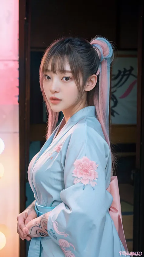 georgeous, beautiful, cutes, baby face, 20 years old, white skin, ((pink-blue pastel coloured)), japanese kimono, embroidery kim...