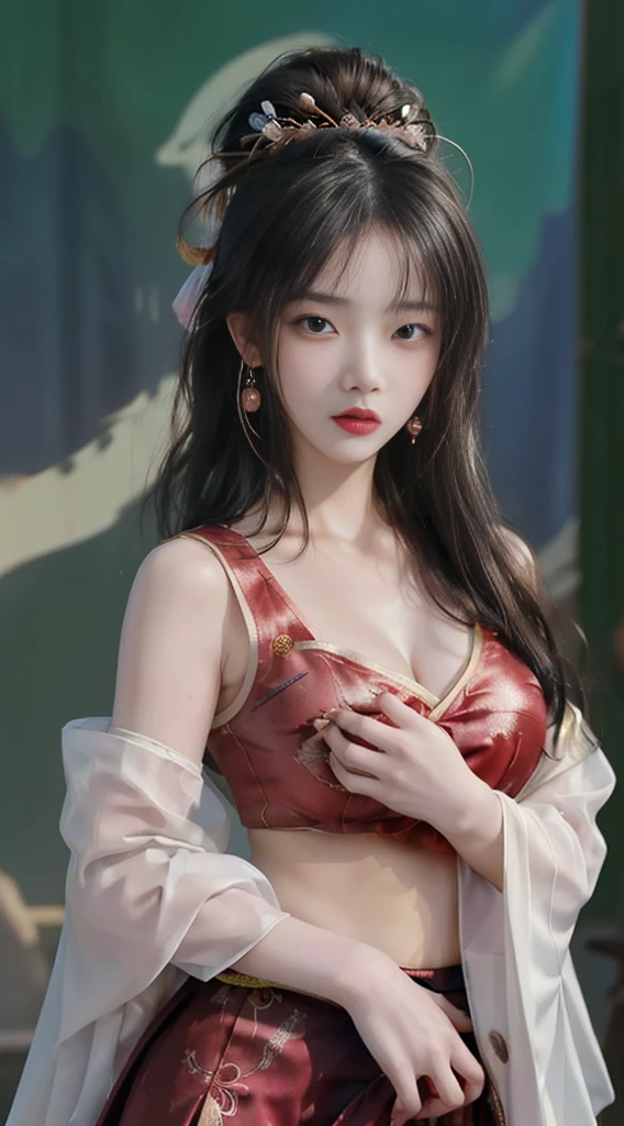 1 woman, high resolution, masterpiece, Anatomically correct, 最佳quality, detail, HD model, 高detail, 高quality, quality, Very detailed, Retina screen, Textured Skin, Ultra HD, Long hair, Black Hair, Big breasts(d), earrings, Blushing，Detailed nipple pictures，Exquisite facial features，人体model，model，Artistic pose，Hanfu，Chinese traditional clothing，Colorful clothes，Tang Dynasty Clothing，clothing，Tulle bellyband，Tulle material，Hairpin，Gorgeous headdress