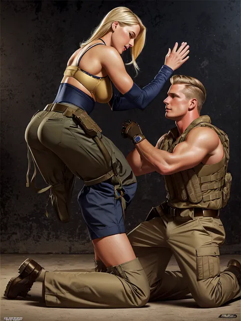 leyendecker style illustration of a blonde navy seal making love to a girl. he is dressed in a kevlar body armor, the girl is kn...