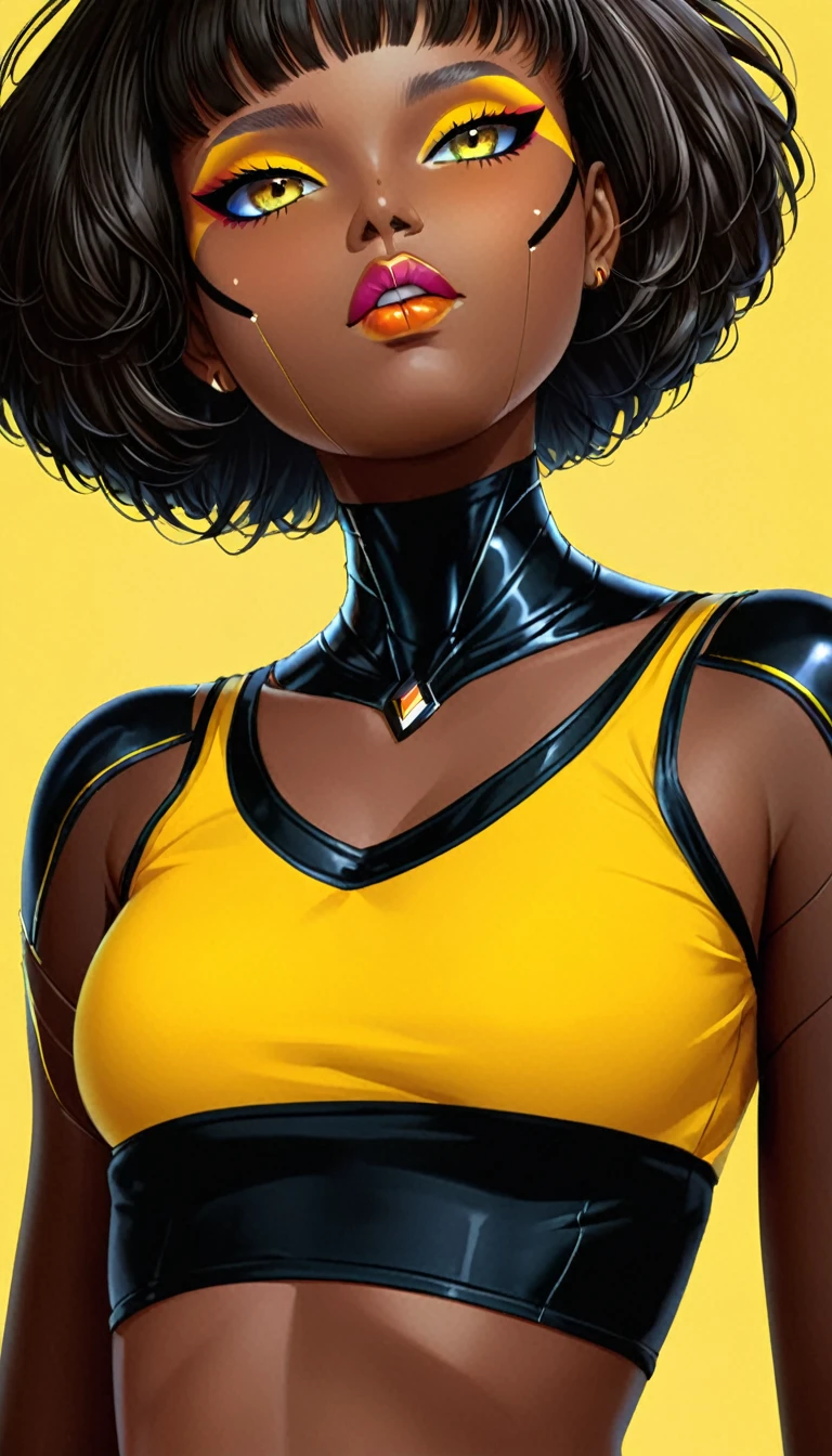 a close up of a woman wearing a yellow top and a yellow scarf, a photorealistic painting by Pamela Ascherson, trending on cg society, afrofuturism, dark-skinned, brown skinned, maria borges, dark skinned, black young woman, dark skin, beautiful yellow woman, with brown skin, young black woman, beautiful artwork, photo of a black woman, passionate girl, casual fashion, sharp focus, Hyperrealistic anime, vibrant colors, hourglass figure, fit belly, cute face with makeup, wide gorgeous realistic eyes with iris, juicy lips 