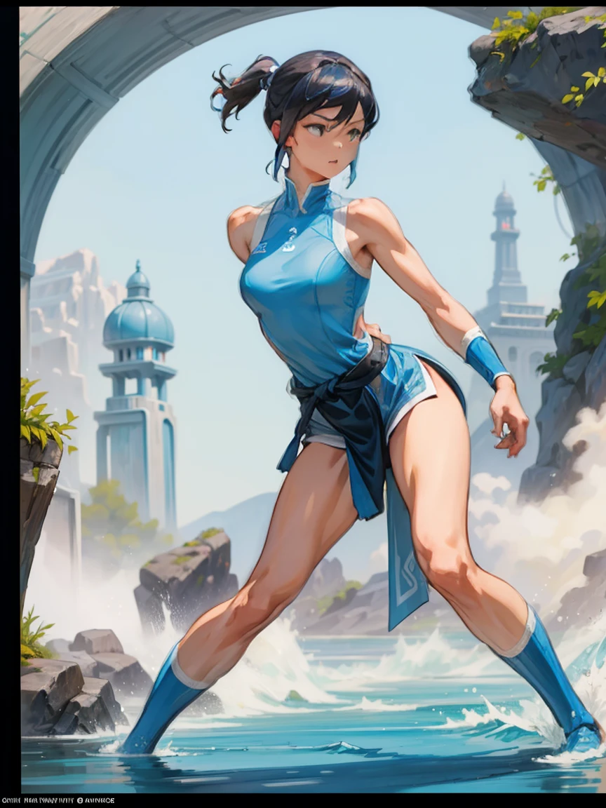 1girl, solo, (masterpiece), best quality, ultra-detailed, Korra from Avatar, Retro style, full body. fashion cloth, fancy. waterbending, happy, sexy smiling