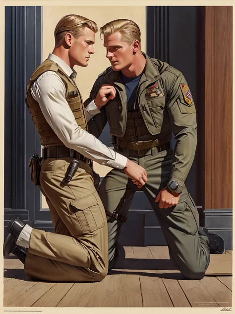 leyendecker style illustration of a blonde navy seal making love to a girl. he is dressed in a kevlar body armor, the girl is kn...