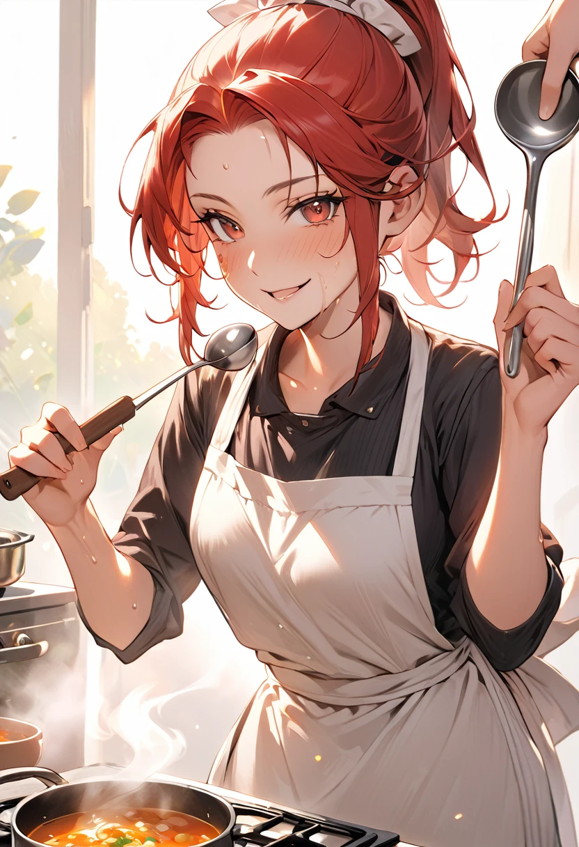 girl cooks soup. in an apron. Hair is pulled back into a ponytail. Holds a ladle. In front of the girl is a gas stove with a pot of soup. The soup is boiling in the pot. A look at the viewer. Beautiful face. Smooth facial features. Steam from the soup. Sweat on your face. Mouth slightly open. Hight quality. Hight detail. Red hair. Smile. Correct hands and fingers. Masterpiece
