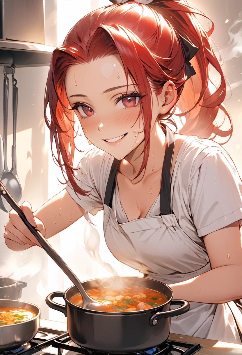 girl cooks soup. in an apron. Hair is pulled back into a ponytail. Holds a ladle. In front of the girl is a gas stove with a pot of soup. The soup is boiling in the pot. A look at the viewer. Beautiful face. Smooth facial features. Steam from the soup. Sweat on your face. Mouth slightly open. Hight quality. Hight detail. Red hair. Smile. Correct hands and fingers. Masterpiece
