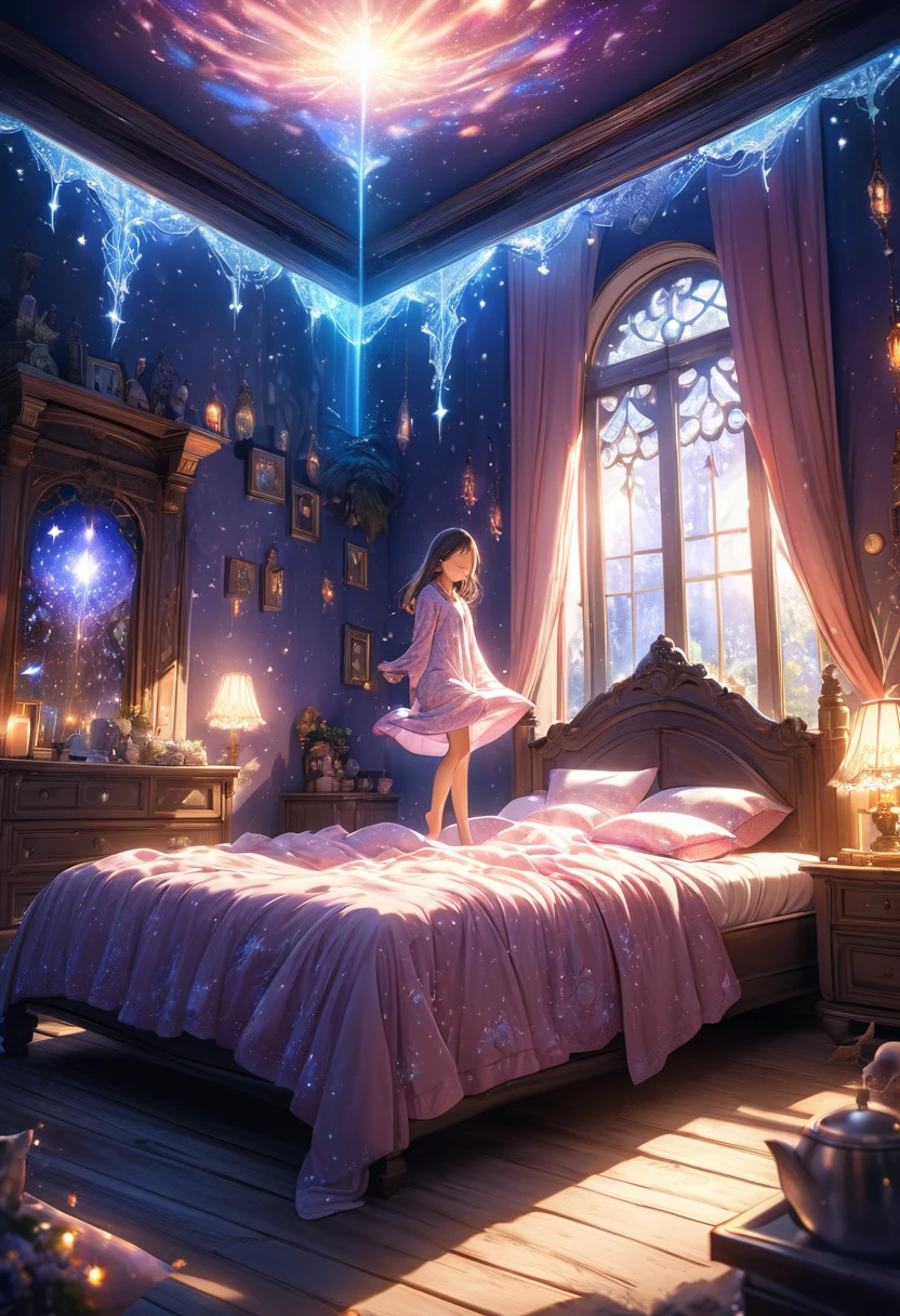 A girl levitates beneath her bed, eyes closed as she sleeps, dressed in cozy pajamas. The room around her exudes a mystical atmosphere, filled with intricate details and bathed in HDR lighting. The scene captures an otherworldly, dreamlike quality.