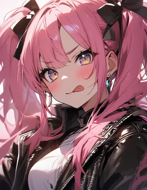 tongue，gal，earrings，twin tails、pink hair、leather jacket、