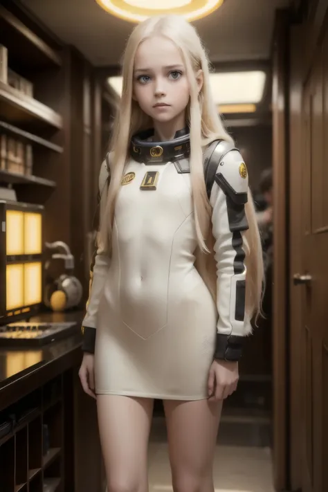 (young girl, 12 years old, blond hair, photorealistic, pale skin), (yellow (eyes:1.2)), (slim build:1.3), (fantasy space suit), ...