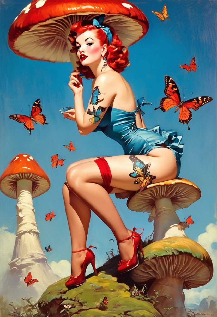 A pin-up style painting by Gil Elvgren of a beautiful woman, red fleshy lips, with medium and messy hair, body tattooed with butterflies, with a thin red hairband, in a short and seductive blue dress, neckleace, white stockings, in a provocative pose, on a giant glowing mushroom, vibrant and colorful, 