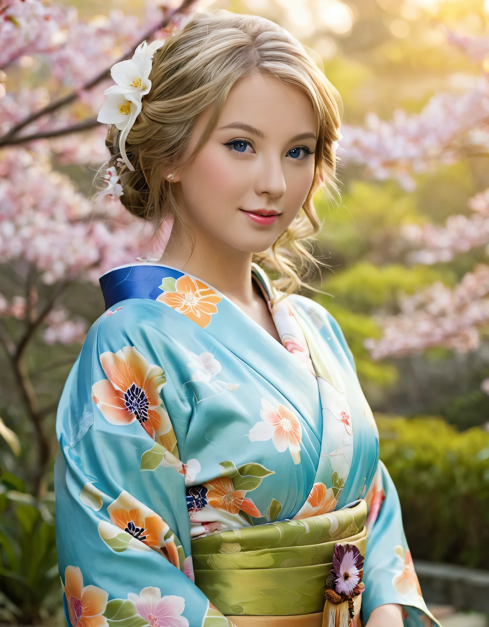 Front view , (standing on garden),  looking at viewer,a American  girl, , beautiful American Young  girl is 30 years old, (Highly detailed face, Blond hair , middle hair, Blue eye, Variegated eyes, Fuller lips, little Lips, little smile), (big breasts, big hip), (Japanese kimono, flower pattern), standing in Japanese Palace, near Garden, sunrise ,(masterpiece, Highest quality, masterpiece, God-like quality, Godly art, Very realistic)
