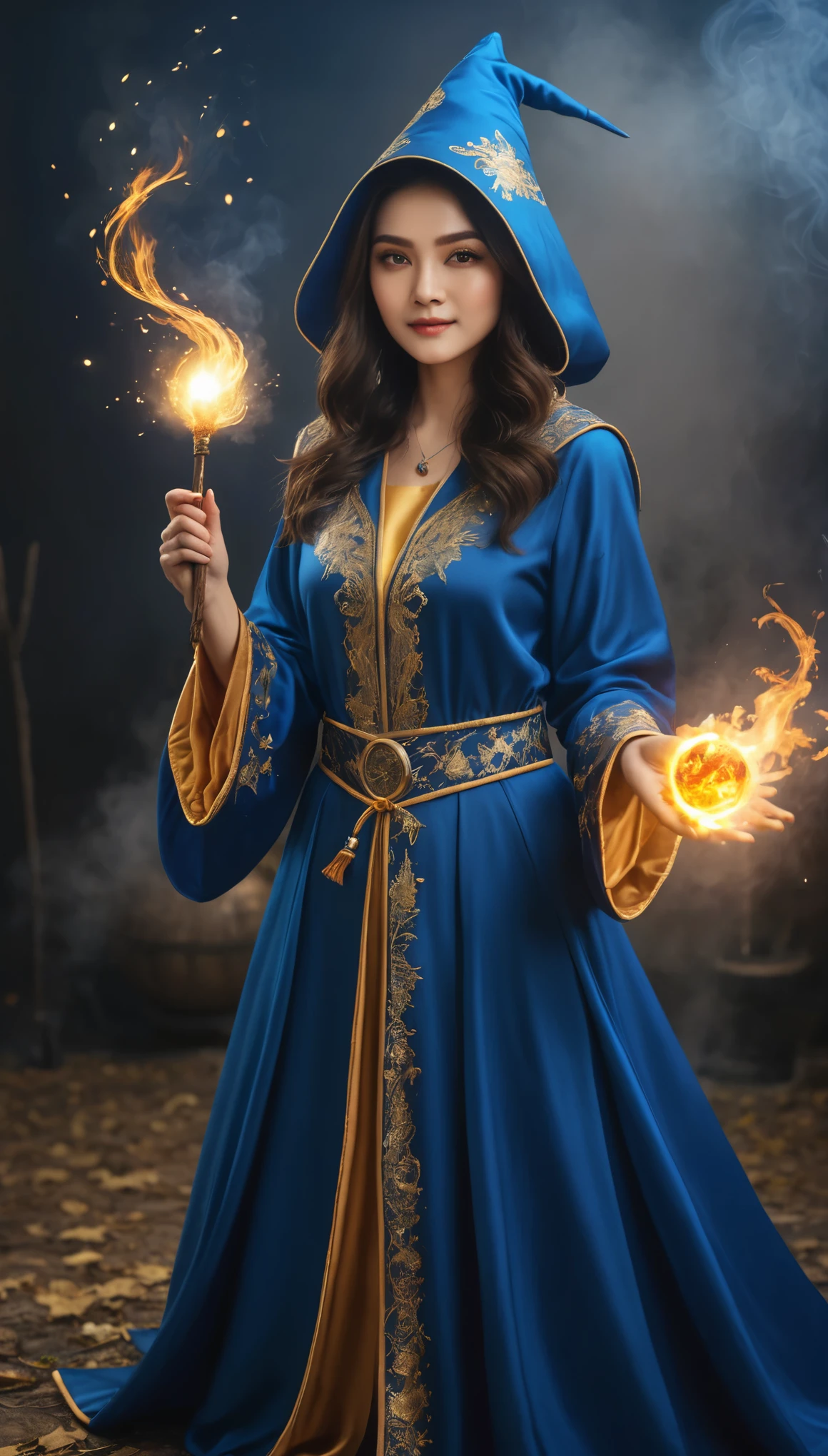 Highest quality photos, A female wizard is casting a fireball with a spell, Wearing blue clothing with gold embroidery, In his left hand he holds a stick, Beautiful Face