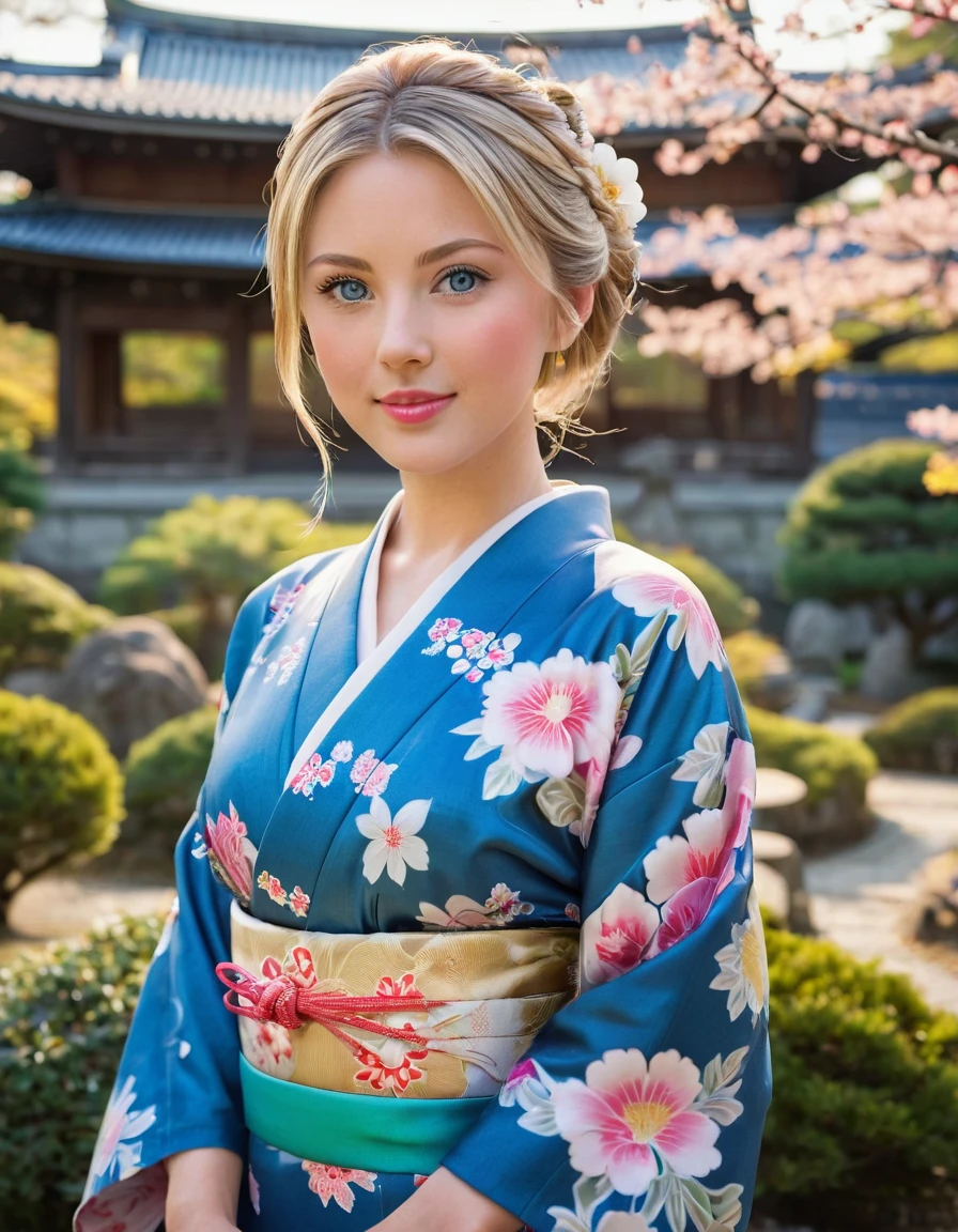 Front view , (standing on garden),  looking at viewer,a American  girl, , beautiful American Young  girl is 30 years old, (Highly detailed face, Blond hair , chignon fringe, Blue eye, Variegated eyes, Fuller lips, little Lips, little smile), (big breasts, big hip), (Japanese kimono, flower pattern), standing in Japanese Palace, near Garden, sunrise ,(masterpiece, Highest quality, masterpiece, God-like quality, Godly art, Very realistic)
