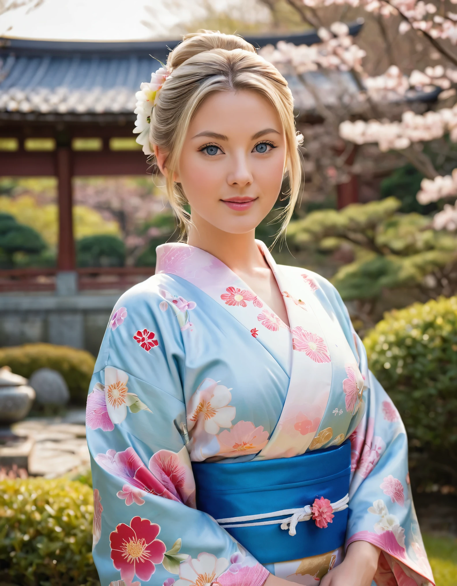 Front view , (standing on garden),  looking at viewer,a American  girl, , beautiful American Young  girl is 30 years old, (Highly detailed face, Blond hair , chignon fringe, Blue eye, Variegated eyes, Fuller lips, little Lips, little smile), (big breasts, big hip), (Japanese kimono, flower pattern), standing in Japanese Palace, near Garden, sunrise ,(masterpiece, Highest quality, masterpiece, God-like quality, Godly art, Very realistic)
