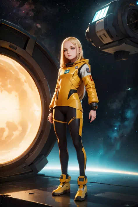 (young girl, 12 years old, blond hair, photorealistic, pale skin), (yellow (eyes:1.2)), (slim build:1.3), (fantasy space suit), ...