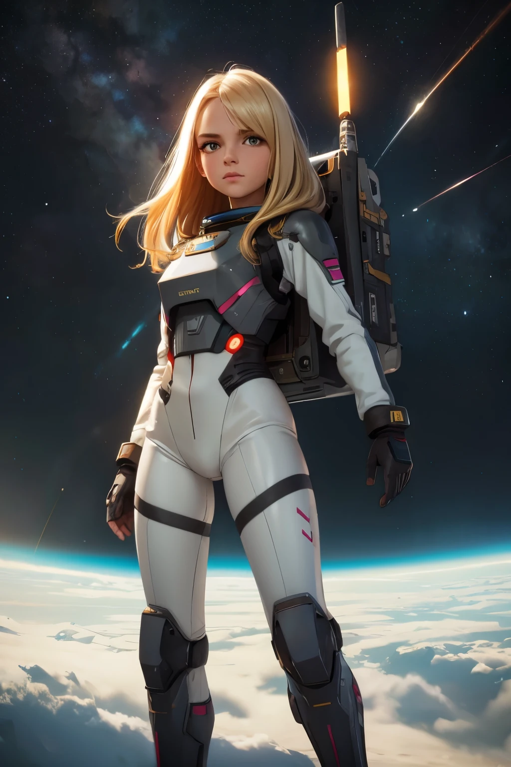 (young girl, 12 years old, blond hair, photorealistic, pale skin), (yellow (eyes:1.2)), (slim build:1.3), (fantasy space suit), beautiful face, symmetrical face, Greg Rutkowski, wlop and Sam Kuvshinov, (long hair), blond eyelashes, large iris, large pupil, full body, standing on the background of the cosmodrome, artstation, 8k, science fiction, pastel colors, props, panel, concept, futuristic, gribble, simon stalenhag, space, in outer space, a spaceship in the sky, technological blocks