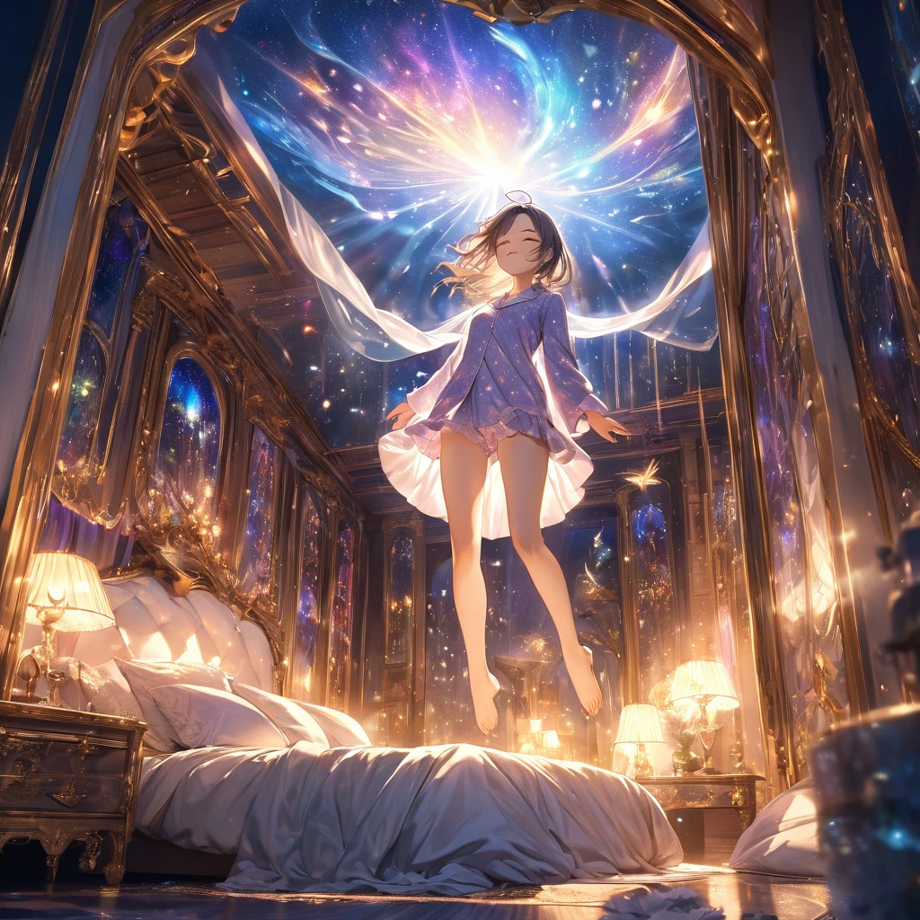 1girl, solo, ((A girl hung in the air under a bed)), eyes closed, dressed in pajamas, The room around her exudes a mystical atmosphere, filled with intricate details and bathed in HDR lighting, The scene captures an o(therworldly, dreamlike quality). masterpiece, 
