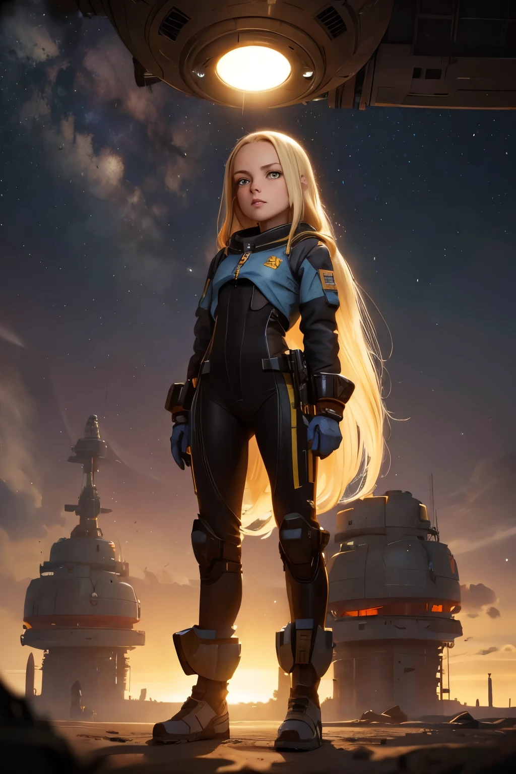 (young girl, 12 years old, blond hair, photorealistic, pale skin), (yellow (eyes:1.2)), (slim build:1.3), (fantasy space suit), beautiful face, symmetrical face, Greg Rutkowski, wlop and Sam Kuvshinov, (long hair), blond eyelashes, large iris, large pupil, full body, standing on the background of the cosmodrome, artstation, 8k, science fiction, pastel colors, props, panel, concept, futuristic, gribble, simon stalenhag, space, in outer space, a spaceship in the sky, technological blocks, futuristic world:1.5, rusty metal futuristic world, (simple oil painting in a style to Bill Sienkiewicz)