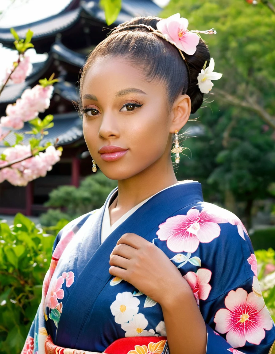 Front view , (standing on garden),  looking at viewer, a American Black  girl,  beautiful American Black Young  girl is 30 years old, (Highly detailed face, Blond hair , chignon fringe, Blue eye, Variegated eyes, Fuller lips, little Lips, little smile), (big breasts, big hip), (Japanese kimono, flower pattern), standing in Japanese Palace, near Garden, sunrise ,(masterpiece, Highest quality, masterpiece, God-like quality, Godly art, Very realistic)
