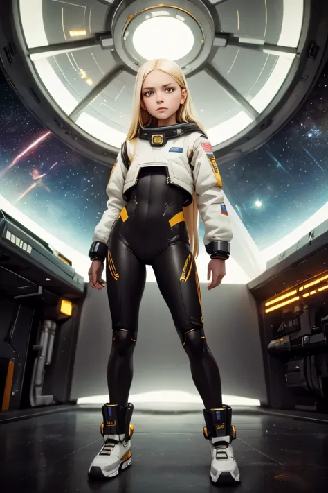 (young girl, 12 years old, blond hair, photorealistic, pale skin), (yellow (eyes:1.2)), (slim build:1.3), (fantasy space suit), ...