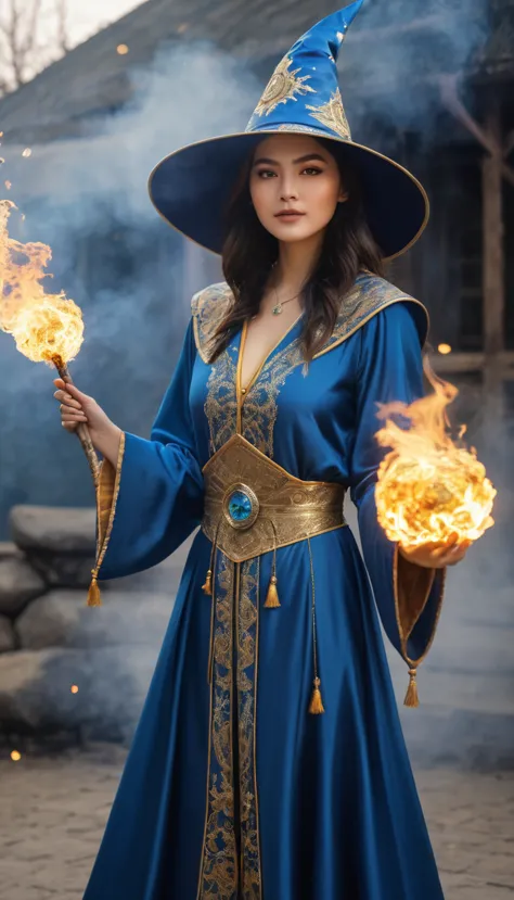 highest quality photos, a female wizard is casting a fireball with a spell, wearing blue clothing with gold embroidery, in his l...