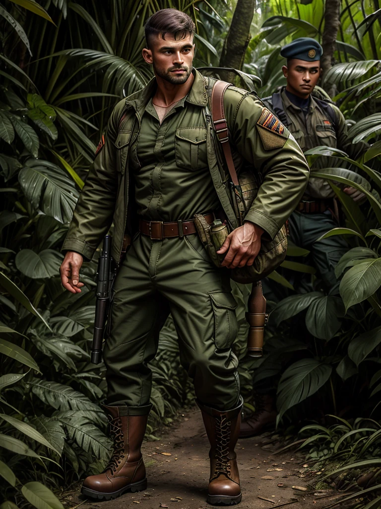 Man wearing steel pot and chinstrap, wear cotton and nylon jacket OG- 107 , OG-107 6-pocket pants, jacket with 4 pockets and button closure, He has black leather jungle boots, rubber sole and laces, The man carries and has Canteen Dressed with Belt, schoolbag, By the way, bayonet,Use Grenades,ammunition, rifle, dressed as a war soldier, of them intricate, photo taken in the jungle of vietnam, jungle scene,, both dressed in green jackets, real photo, no photo errors, Masterpiece, real photo de 1960
Информация
