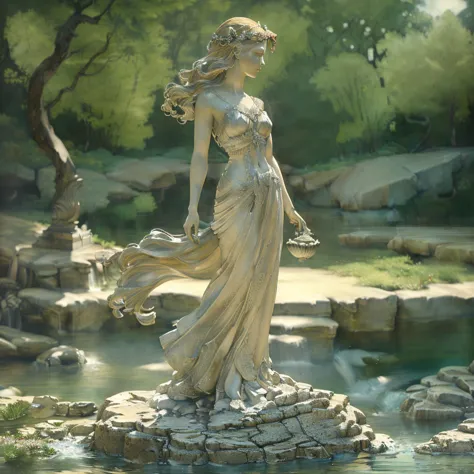 there is a statue of a woman standing on a rock in a stream, goddess of greek mythology, sculpture of persephone, goddess. extre...