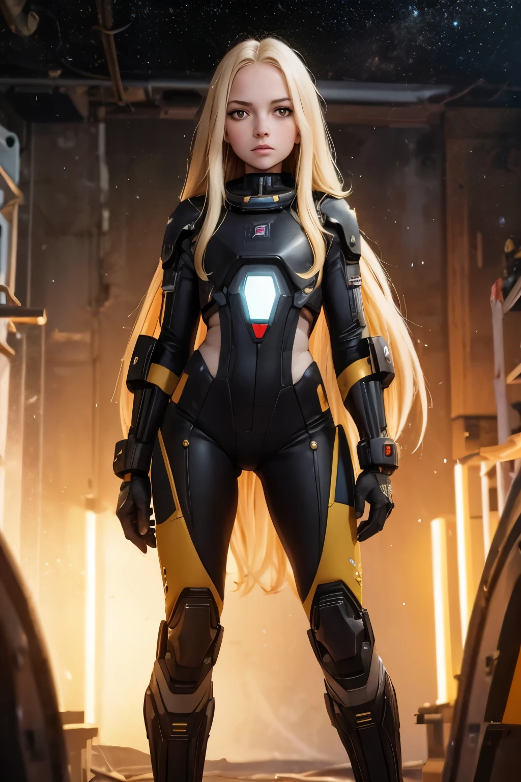 (young girl, 12 years old, blond hair, photorealistic, pale skin), (yellow (eyes:1.2)), (slim build:1.3), (fantasy space suit), beautiful face, symmetrical face, Greg Rutkowski, wlop and Sam Kuvshinov, (long hair), blond eyelashes, large iris, large pupil, full body, standing on the background of the cosmodrome, artstation, 8k, science fiction, pastel colors, props, panel, concept, futuristic, gribble, simon stalenhag, space, in outer space, a spaceship in the sky, technological blocks, futuristic world:1.5, rusty metal futuristic world, (simple oil painting in a style to Bill Sienkiewicz)