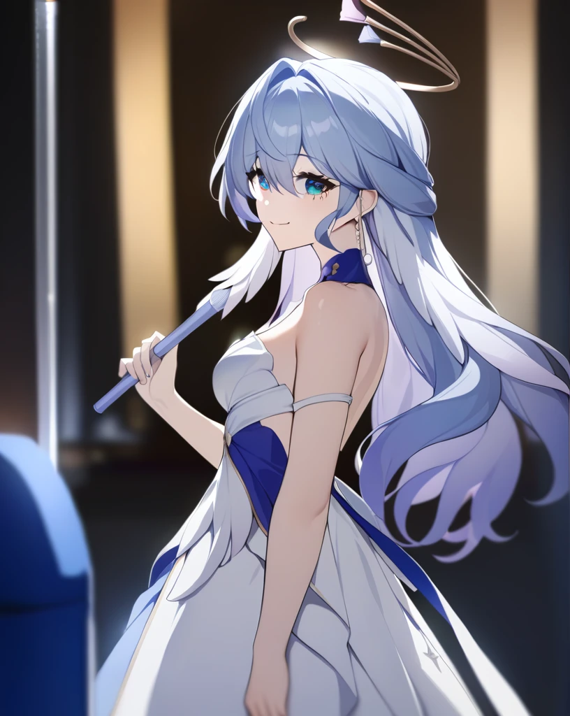 masterpiece,best quality,robin_(honkai:_star_rail), head_wings, angel, virtual_youtuber, 1girl, white_wings, looking_at_viewer, halo, wings, upper_body, solo, from_side, blurry_background, closed_mouth, dress, bare_shoulders, smile_ singing full body