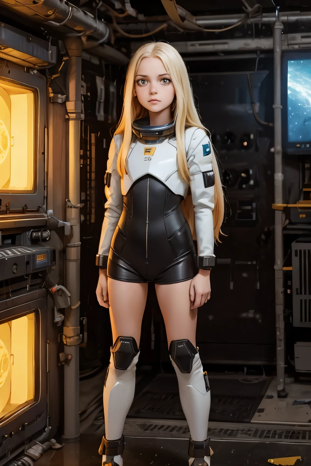 (young girl, 12 years old, blond hair, photorealistic, pale skin), (yellow (eyes:1.2)), (slim build:1.3), (fantasy space suit), beautiful face, symmetrical face, Greg Rutkowski, wlop and Sam Kuvshinov, (long hair), blond eyelashes, large iris, large pupil, full body, standing on the background of the cosmodrome, artstation, 8k, science fiction, pastel colors, props, panel, concept, futuristic, gribble, simon stalenhag, space, in outer space, a spaceship in the sky, technological blocks, futuristic world:1.5, rusty metal futuristic world, (simple oil painting in a style to Bill Sienkiewicz)